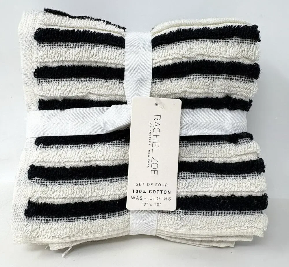 Rachel Zoe Black Ivory Off White Stripes Washcloths Plush 4 Face Cloths NWT